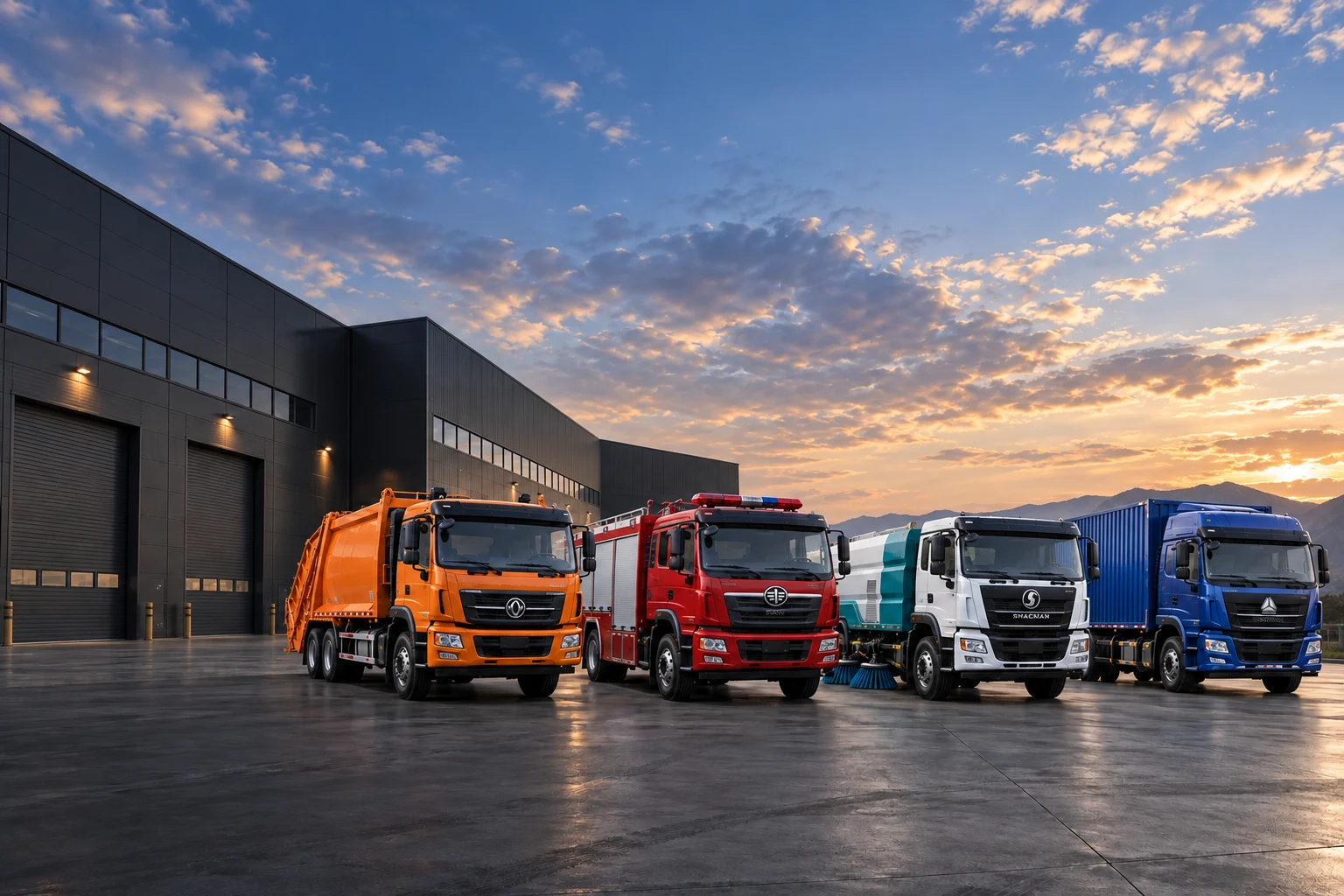 Concept fleet of an orange garbage compactor, red fire truck, municipal street sweeper and blue freight truck